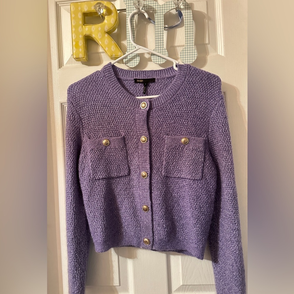 Maje Lavender Knit Button-Front Cardigan with Gold-Tone Buttons size 1